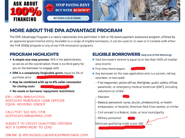 Down Payment Grant Kentucky Home Buyers down to 580 Credit Score