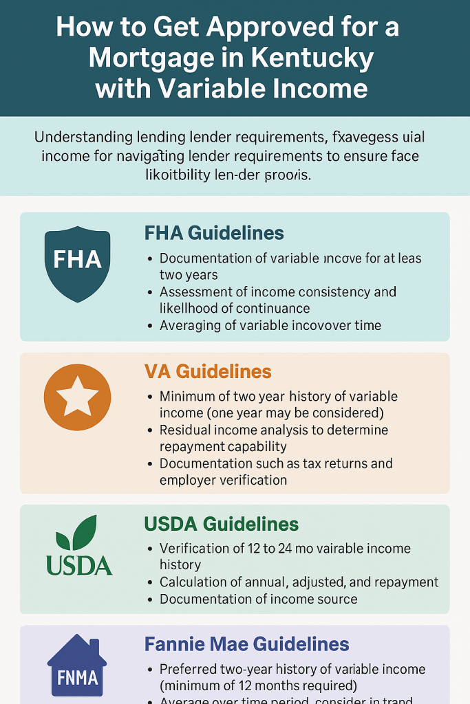 Navigating Variable Income for Mortgage Approval: FHA, VA, USDA, and Fannie Mae Guidelines
Professionals with variable income—such as commissions, bonuses, overtime, or gig work—face unique challenges when applying for a mortgage. Each major loan program (FHA, VA, USDA, and Fannie Mae) has specific guidelines for evaluating this type of income. Here’s how each program approaches variable income and what you need to know to prepare.