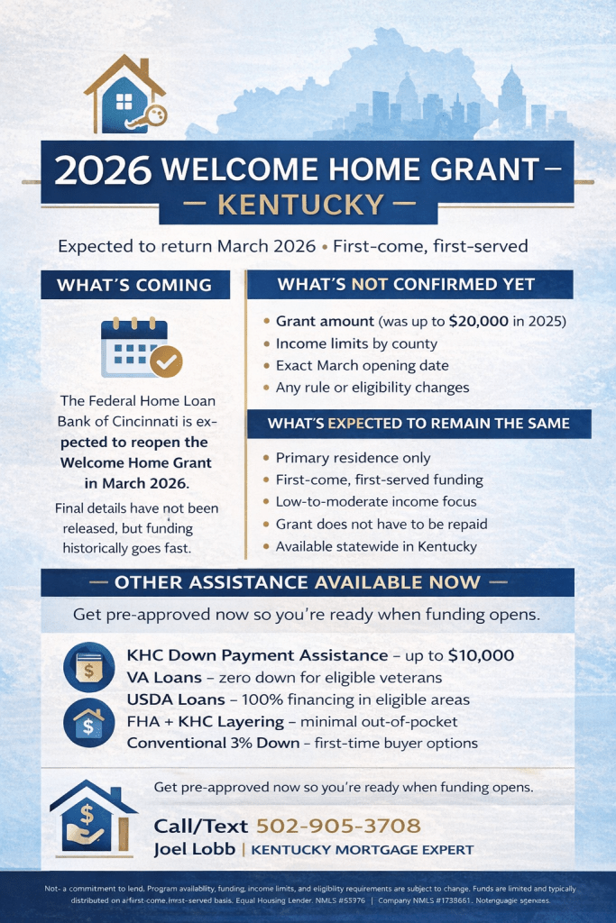 2026 Welcome Home Grant: Coming March 2026 Good news! The Federal Home Loan Bank of Cincinnati (FHLBC) will be opening the Welcome Home Grant program again in March 2026. Details on grant amounts and income limits are still being finalized, but funds will be distributed on a first-come, first-served basis—so early action will be key.