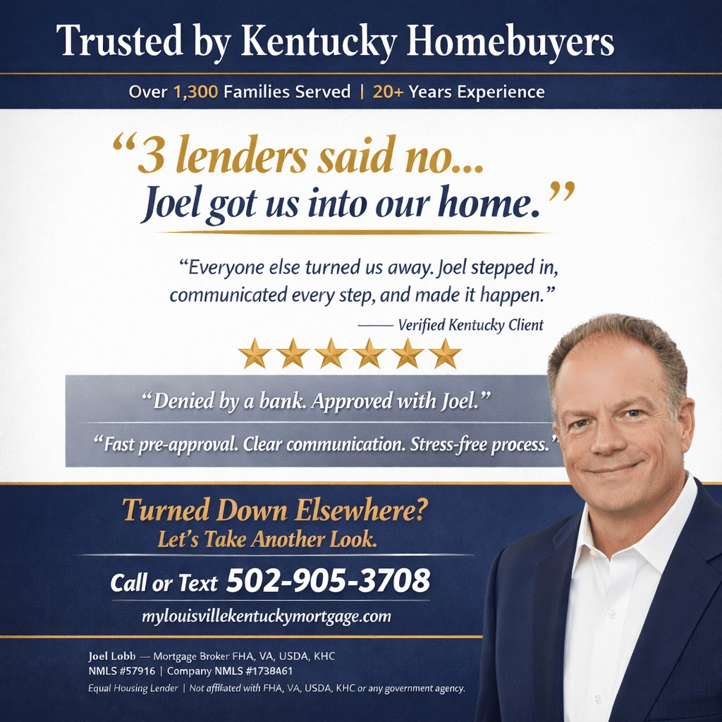 Promotional image featuring a testimonial about mortgage services by Joel Lobb, highlighting client satisfaction and successful approvals despite previous denials. Includes contact information.